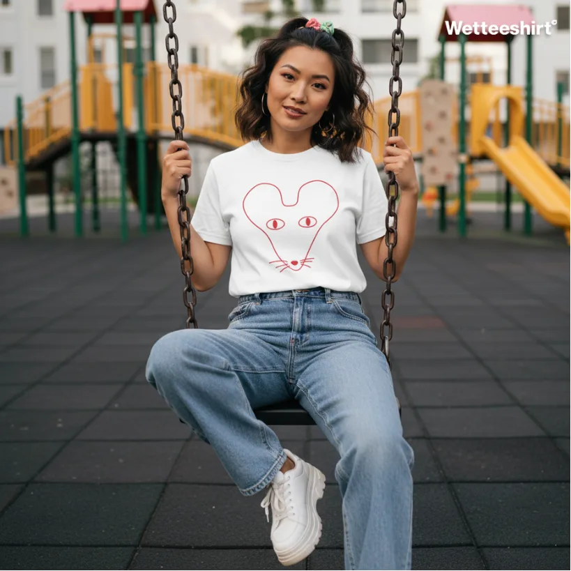 White streetwear T-shirt with red mouse face line drawing, casual Wet Tee Shirt® playground-inspired design