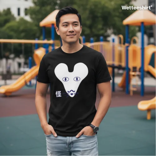 Black streetwear T-shirt with white stylized face graphic, blue eyes and mustache heart design, bold Wet Tee Shirt® fashion