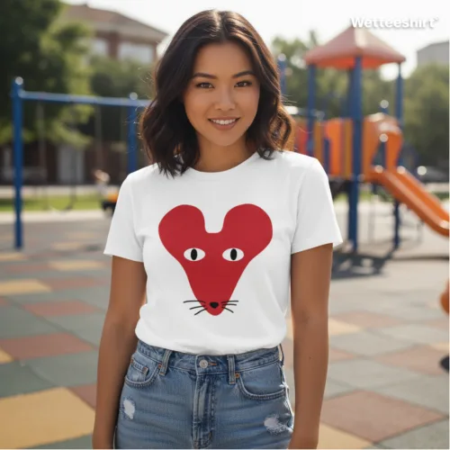 White streetwear T-shirt with red heart mouse face graphic, playful Wet Tee Shirt® casual fashion