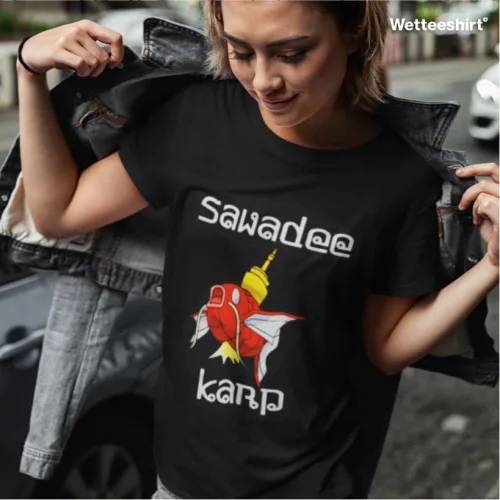 Black streetwear T-shirt with Sawadee Karp Magikarp parody and golden temple graphic, playful Wet Tee Shirt® Thai-inspired design