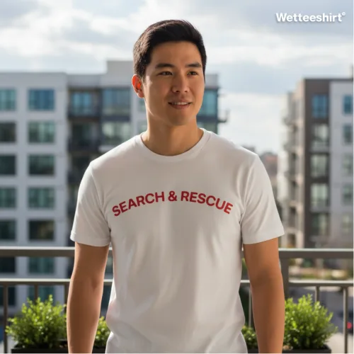 White streetwear T-shirt with bold red Search & Rescue text, minimalist Wet Tee Shirt® urban design