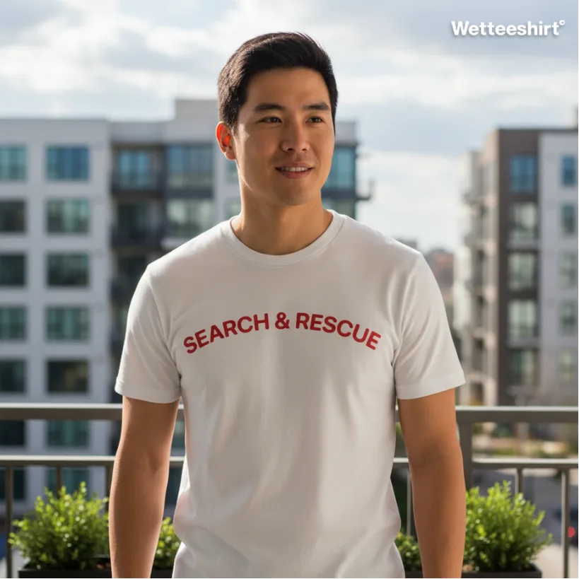 White streetwear T-shirt with bold red Search & Rescue text, minimalist Wet Tee Shirt® urban design