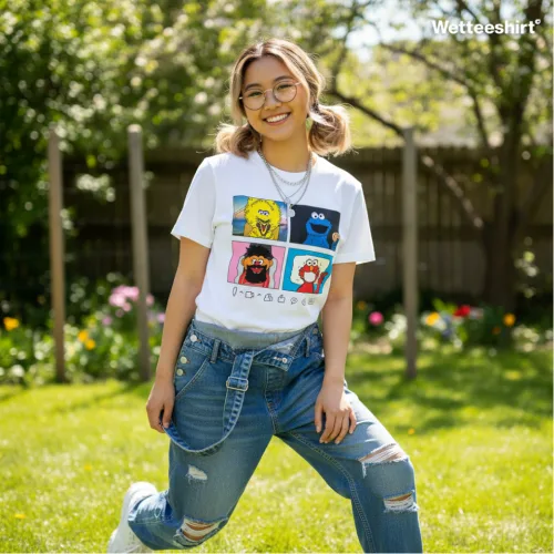 Unisex white short sleeve T-shirt with colorful four-character cartoon grid design, playful Singapore streetwear by Wet Tee Shirt®