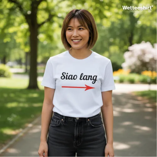White streetwear T-shirt with Siao Lang text and red arrow graphic, playful Wet Tee Shirt® Singapore slang design