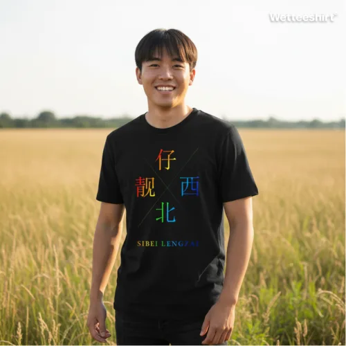 Wet Tee Shirt® Sibei Lengzai black T‑shirt with vibrant multicolor Chinese characters arranged vertically and horizontally, bold ‘SIBEI LENGZAI’ lettering, styled outdoors in grassy field — striking Singapore streetwear fashion photo.