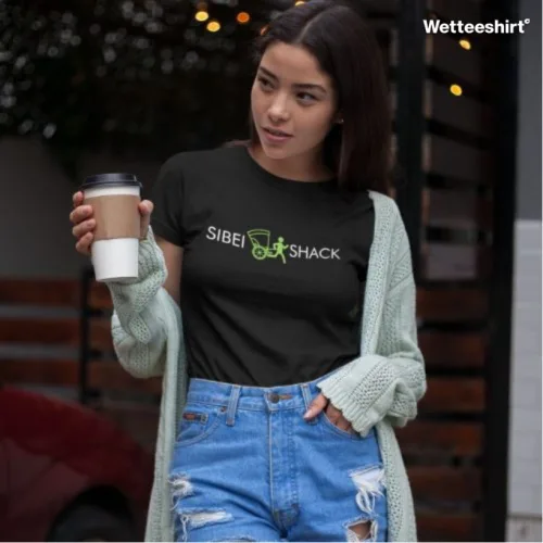 Black streetwear T-shirt with Sibei Shack text and green food cart graphic, witty Wet Tee Shirt® Singapore hawker-inspired design