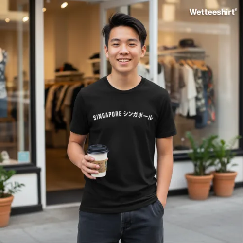 Black streetwear T-shirt with Singapore English and Japanese text シンガポール, Wet Tee Shirt® urban design