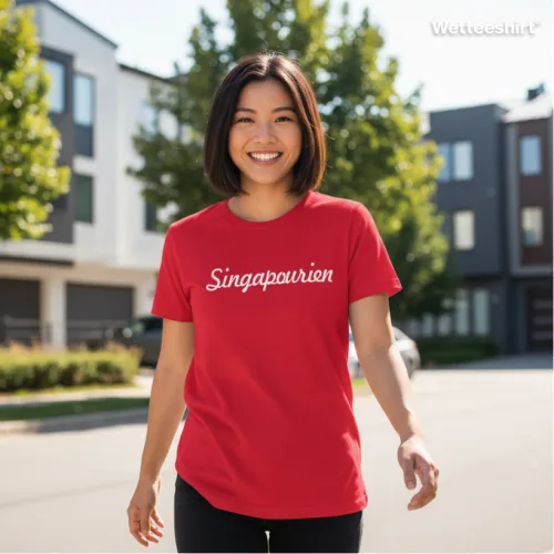Red streetwear T-shirt with Singapourien French text, Wet Tee Shirt® cultural identity design
