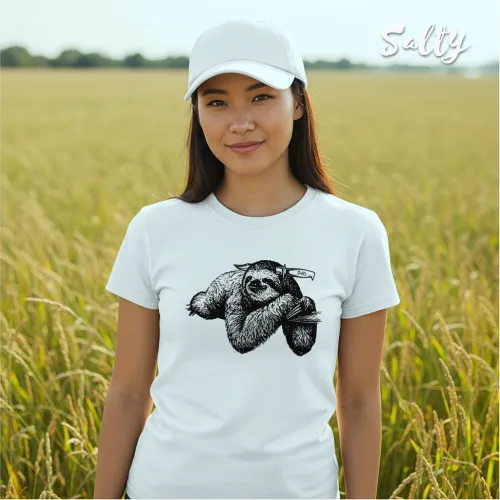 Singapore streetwear — person in tall grass field wearing Wetteeshirt x Silly white graphic t-shirt featuring detailed black illustration of sloth hanging on branch, styled with white cap, casual lifestyle fashion shot in natural outdoor setting.