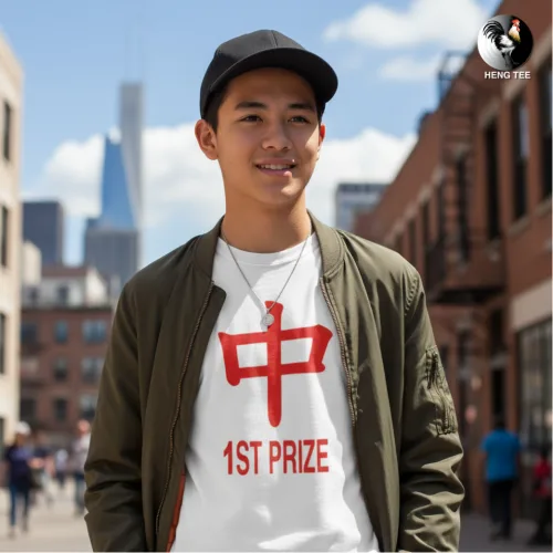 Unisex white short sleeve T-shirt with bold red Chinese character “中” and large “1ST PRIZE” text, witty Singapore streetwear by Wet Tee Shirt®