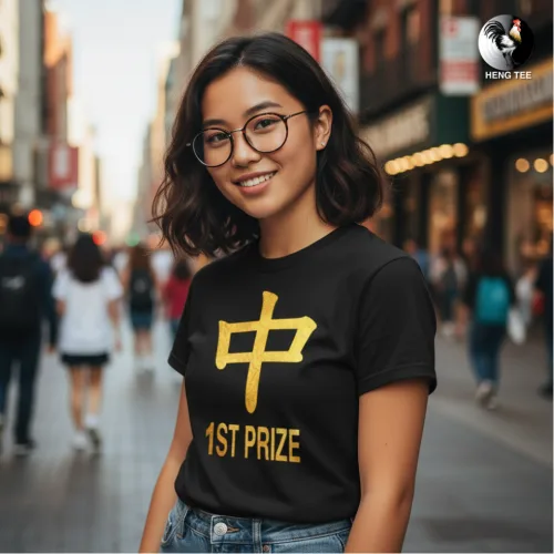 Unisex black short sleeve T-shirt with large gold Chinese character “中” and bold “1ST PRIZE” text, witty Singapore streetwear by Wet Tee Shirt®