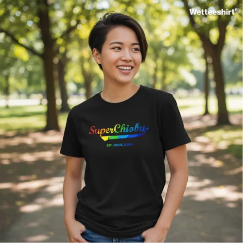 Black streetwear T-shirt with rainbow SuperChiabu text and EST. SINCE 2004 slogan, vibrant Wet Tee Shirt® playful design