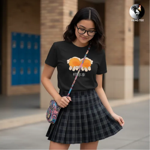 Unisex black short sleeve T-shirt with three orange cartoon cats and bold Chinese text, playful Singapore streetwear by Wet Tee Shirt®