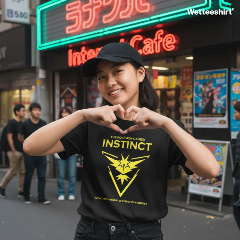 Black streetwear T-shirt with yellow Pokémon GO Team Instinct logo and slogan, Wet Tee Shirt® pop culture design