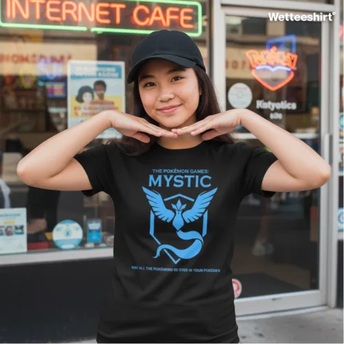 Black streetwear T-shirt with blue Pokémon GO Team Mystic logo and Articuno graphic, Wet Tee Shirt® pop culture design