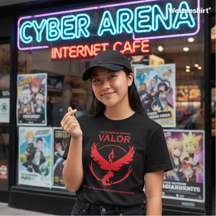 Black streetwear T-shirt with red Pokémon GO Team Valor phoenix logo, Wet Tee Shirt® pop culture design