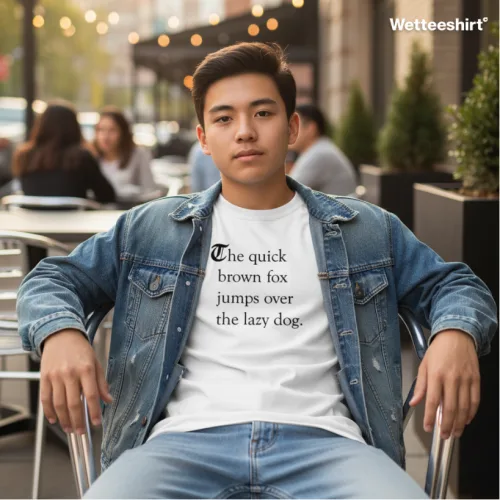 White streetwear T-shirt with The quick brown fox jumps over the lazy dog text, Wet Tee Shirt® witty typography design
