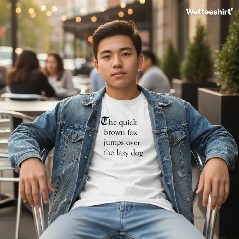 White streetwear T-shirt with The quick brown fox jumps over the lazy dog text, Wet Tee Shirt® witty typography design