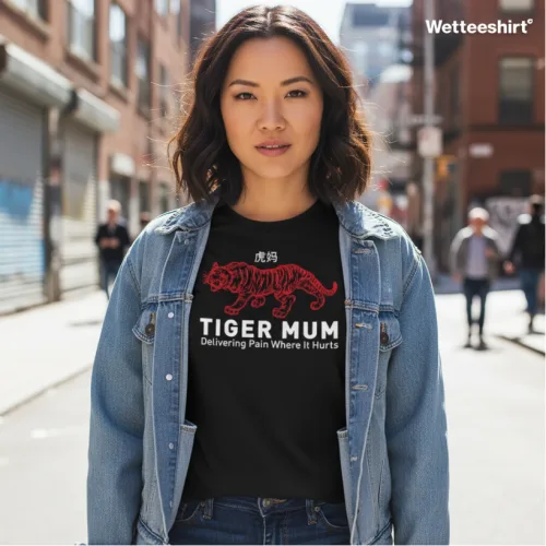 Black streetwear T-shirt with red tiger graphic and Tiger Mum slogan, bold Wet Tee Shirt® parody design