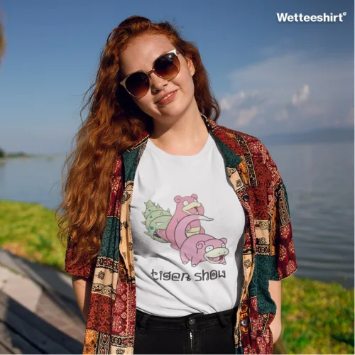 White streetwear T-shirt with cartoon Slowpoke and Slowbro tiger show graphic, playful Wet Tee Shirt® pop culture parody design