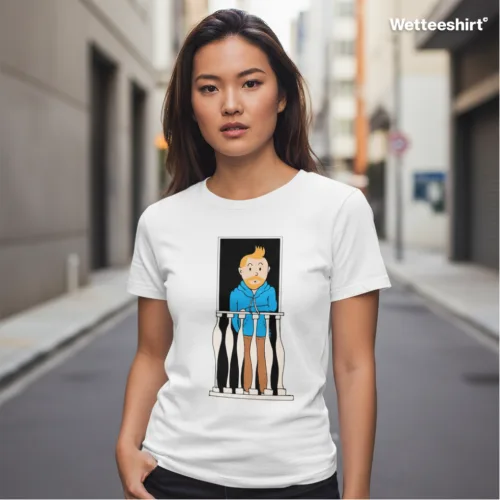 Unisex white short sleeve T-shirt with cartoon blond character graphic behind black bars, playful Singapore streetwear by Wet Tee Shirt®