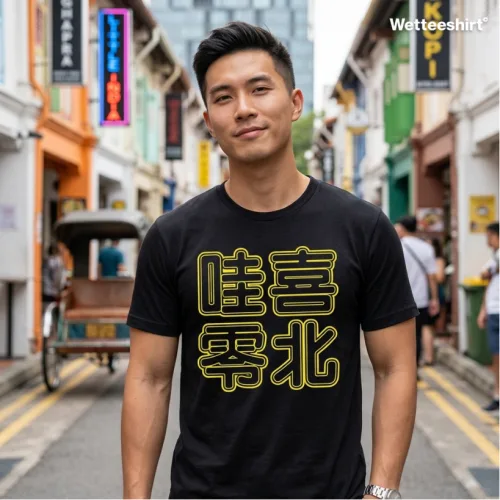 Black streetwear T-shirt with bold yellow 哇喜零北 Chinese text, Wet Tee Shirt® vibrant slang design