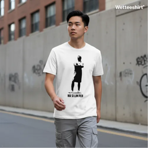White streetwear T-shirt with WA SLIM PEH slogan and graphic, Wet Tee Shirt® witty Singapore slang design