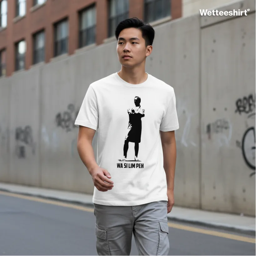 White streetwear T-shirt with WA SLIM PEH slogan and graphic, Wet Tee Shirt® witty Singapore slang design