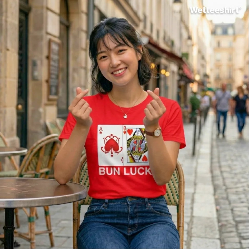 Smiling person at outdoor café on cobblestone street wearing bright red Wetteeshirt® Bun Luck tee with playful Ace of Spades and King of Hearts card designs featuring bun illustrations and bold white ‘BUN LUCK’ text, quirky unisex streetwear fashion
