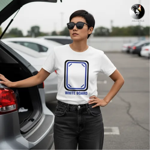 Unisex white short sleeve T-shirt with bold blue outlined rectangle and slogan “WHITE BOARD,” witty Singapore streetwear by Wet Tee Shirt®