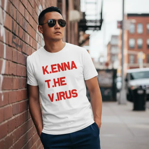 Singapore streetwear K.ENNA T.HE V.IRUS white short sleeve T-shirt, bold red stylized text design, casual unisex tee by Uncle Ahn T, premium cotton playful design photographed outdoors in urban street setting