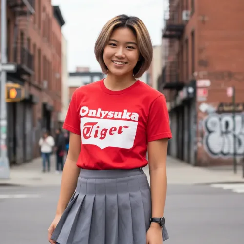 Singapore streetwear Onlysuka Tiger red short sleeve T-shirt, bold white parody text design, casual unisex tee by Uncle Ahn T, premium cotton playful design photographed outdoors in urban graffiti street setting