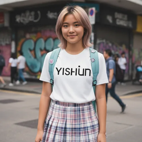 "Singapore streetwear Yishun white short sleeve T-shirt, bold black text design, casual unisex tee by Uncle Ahn T, premium cotton playful design photographed outdoors with graffiti alley backdrop