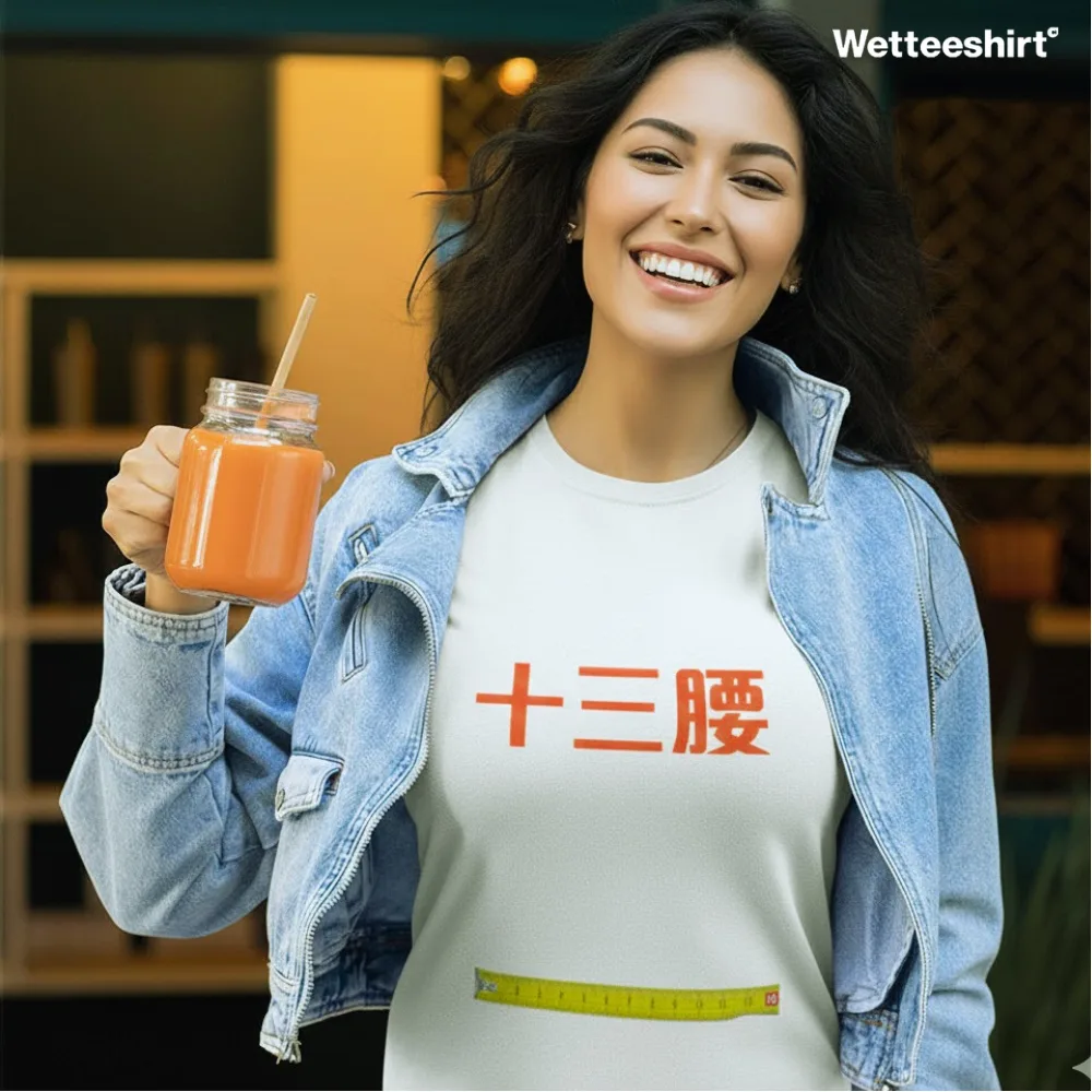 Person in denim jacket holding drink, wearing Wetteeshirt® white tee with red Chinese ‘十三腰’ and yellow tape graphic.